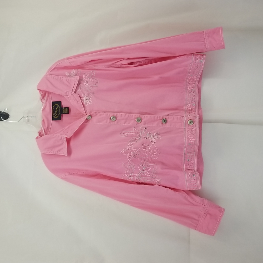 ALEX KIM Pink Floral Embroidered Beaded Lightweight Cotton "Jean" Style Jacket
